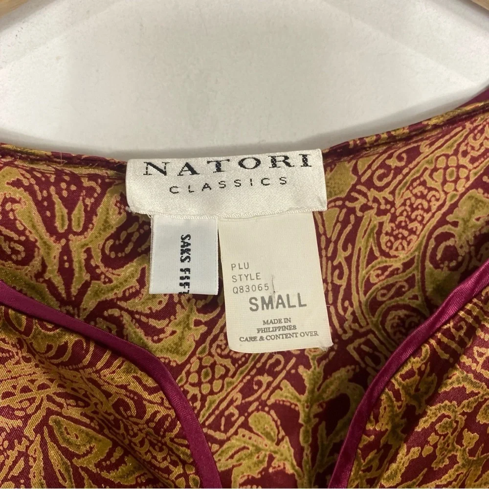 Vintage Natori Satin Paisley Printed 3/4 Sleeve Zip Front Kaftan Robe